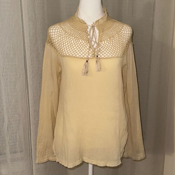 fp S Pale Yellow On The Island Crochet Yoke High Neck Sheer Mesh Bell Sleeve Top - Picture 3 of 14